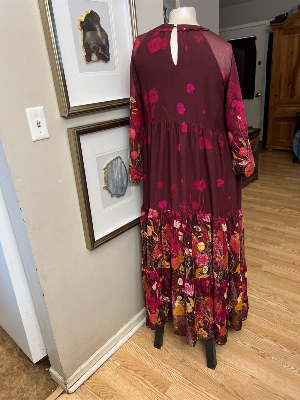 Arna York Dress Women 16 Burgundy Floral Lined Date Church Peasant Hippie tiered - Picture 5 of 14